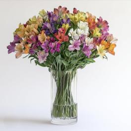 Mixed bouquet of colorful alstroemeria in a clear glass vase
