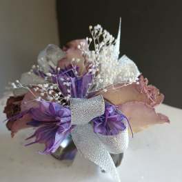 Violet and silver dried flower corsage