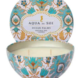 Decorative soy candle in a patterned round tin with lid