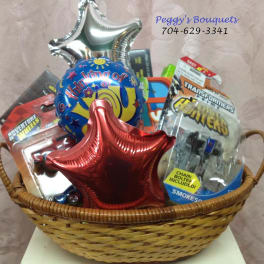 Gift basket with toy packages and star-shaped balloons