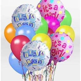 Cluster of colorful birthday balloons, including two "it's a boy" and two "it's a girl" balloons