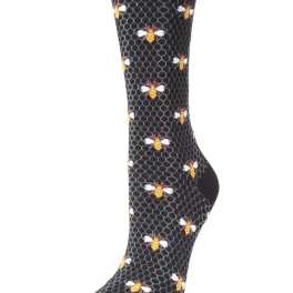 Black sock with a repeating bee pattern
