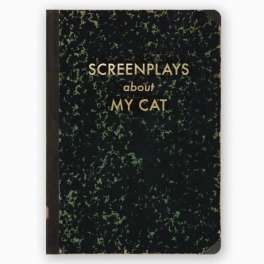 Black marbled notebook titled "Screenplays about My Cat"
