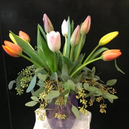 Bouquet of multicolored tulips in a purple glass vase