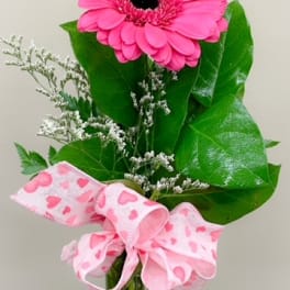 Pink gerbera daisy in a glass vase with a heart-patterned ribbon