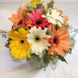 Bouquet of colorful gerbera daisies in a glass vase
