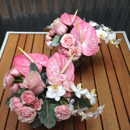 Pink roses and white orchids arranged with pink anthuriums