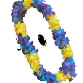Tropical lei of blue and purple orchids mixed with yellow blooms in a circular garland