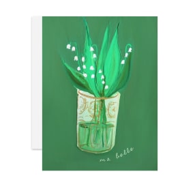Illustration of lily-of-the-valley in a glass vase on a green background