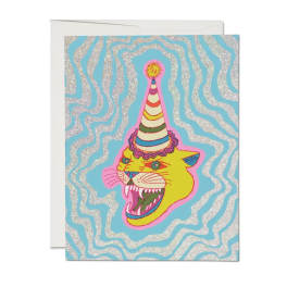 Greeting card with a colorful cat wearing a party hat