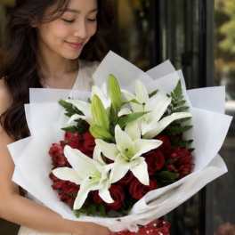 Woman holding a bouquet of white lilies and red roses wrapped in white paper