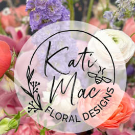 Pastel pink, peach, lavender, and white flowers with a circular Kati Mac Floral Designs logo overlay.
