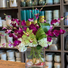 Purple orchids and white hydrangeas in a clear glass vase
