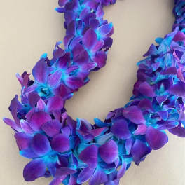 Purple and blue orchid lei on a neutral background