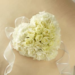 White rose and carnation bouquet with ribbon streamers