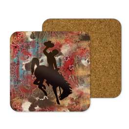 Two square cork coasters with a cowboy silhouette design