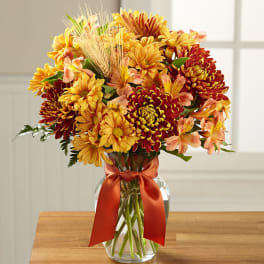 Bouquet of yellow and red chrysanthemums in a glass vase with a ribbon
