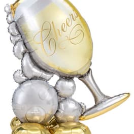 Silver and gold champagne flute balloon arrangement with "Cheers" text