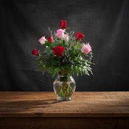 Dozen Mixed Red and Pink Roses Vase Arrangement - Fresh Roses Delivery Huntsville