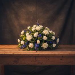 Blue And White Casket Cover Full Length Funeral Spray- Huntsville sympathy delivery