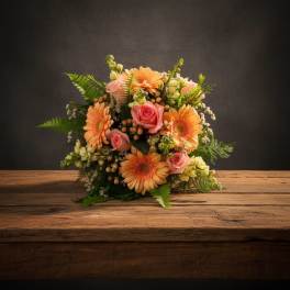 Bouquet of peach gerbera daisies and pink roses on a wooden table