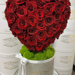 Heart-shaped arrangement of red roses in a round box with green moss and a white ribbon