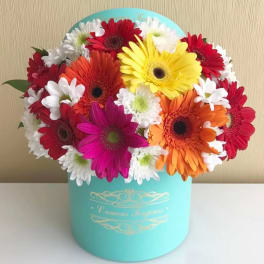 Colorful gerbera daisy bouquet in a turquoise hat box