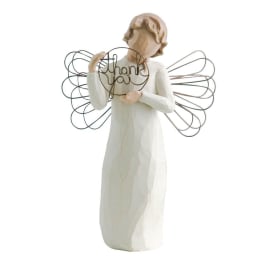 White angel figurine holding a wire "thank you" sign