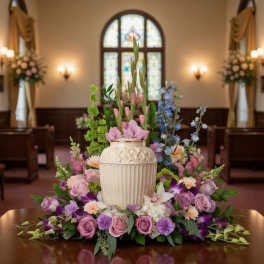 Pastel floral centerpiece around a cream urn in a church interior