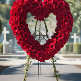 Heart-shaped red rose wreath on a stand