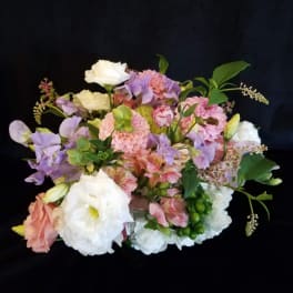 Pastel bouquet with white, pink, and lavender flowers