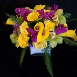 Bouquet of yellow calla lilies, purple orchids, and roses in a white vase