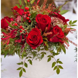 Red roses arranged in a white vase with trailing greenery