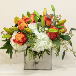 Orange roses and white hydrangeas in a square glass vase