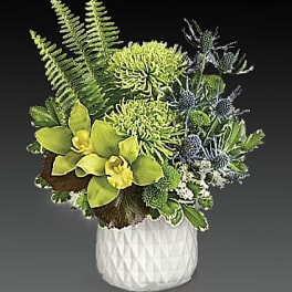 Green orchid and chrysanthemum arrangement in a white textured pot