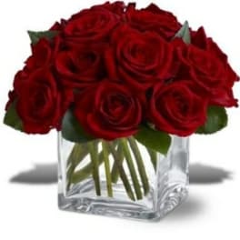 Red roses arranged in a clear square glass vase