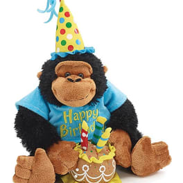 Birthday gorilla plush wearing a party hat and shirt, sitting with a plush cake and candles
