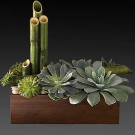 Succulent arrangement in a wooden box with bamboo stalks
