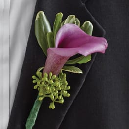 Purple calla lily boutonniere with green accents on a black lapel
