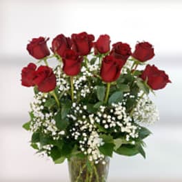 Red roses arranged in a clear glass vase with white filler flowers.