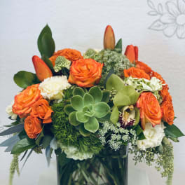 Orange roses and succulents arranged in a square glass vase