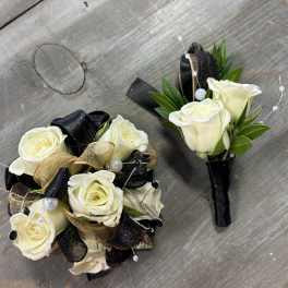 Black and Gold Corsage and Boutonniere