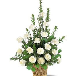 White carnations in a woven basket with tall greenery