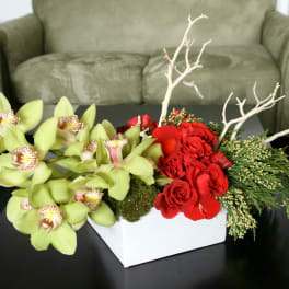 Red roses and green orchids in a white rectangular vase