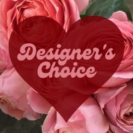 Pink roses with a red heart graphic and the words "Designer’s Choice"