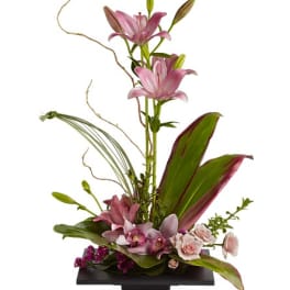 Tall pink lily and orchid arrangement in a black vase