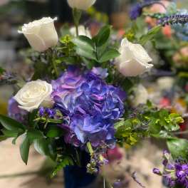 White roses and purple hydrangea in a blue vase