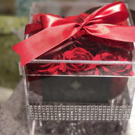 Red roses in a clear gift box with a red ribbon bow
