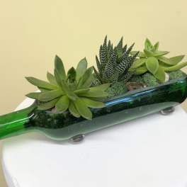Succulents arranged in a green glass bottle planter