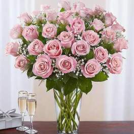 Pink roses arranged in a clear glass vase with baby's breath